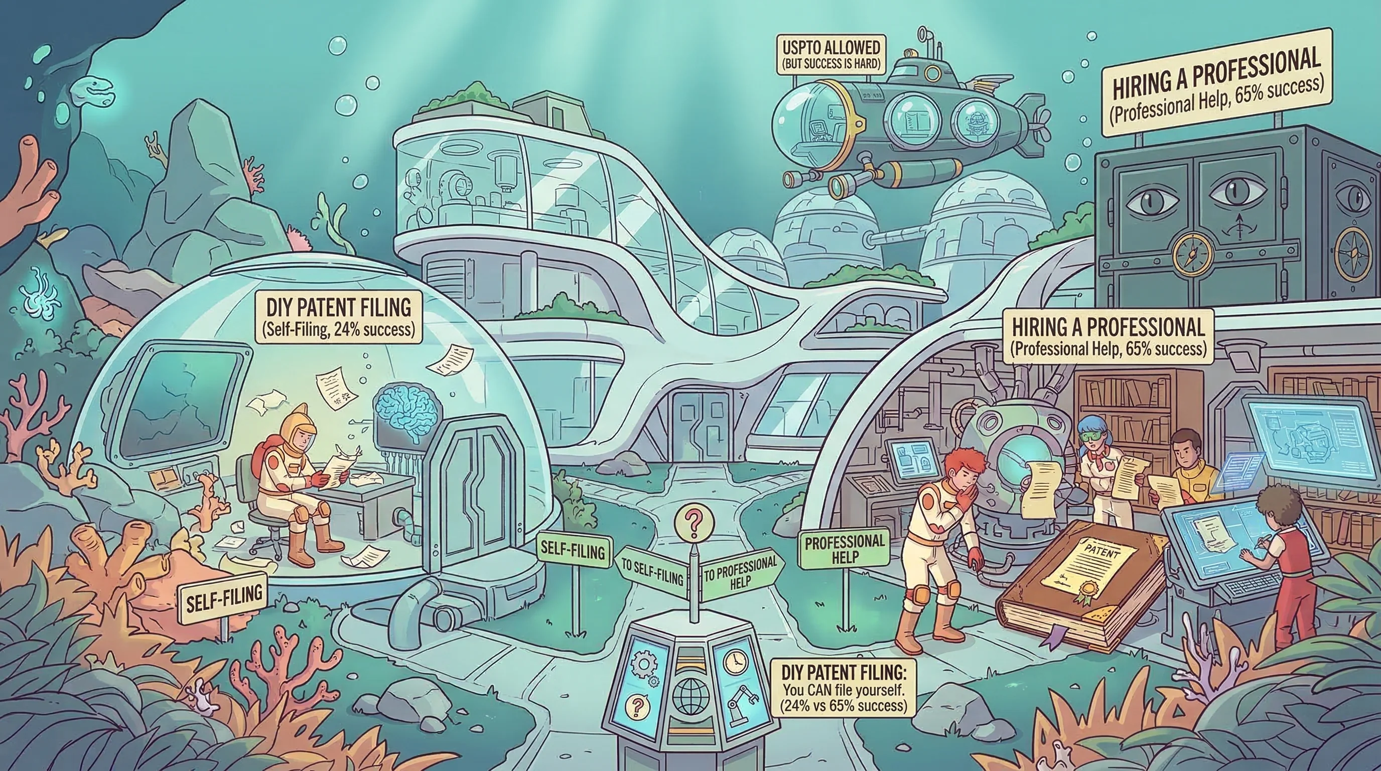 Illustration comparing DIY patent filing vs hiring a professional